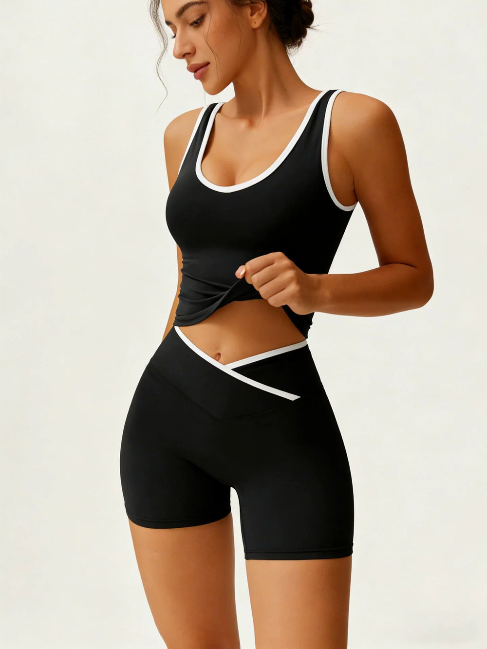 ZARA Womens High Waist Butt Lifting Tight Yoga Set Black Sports Tank Shorts